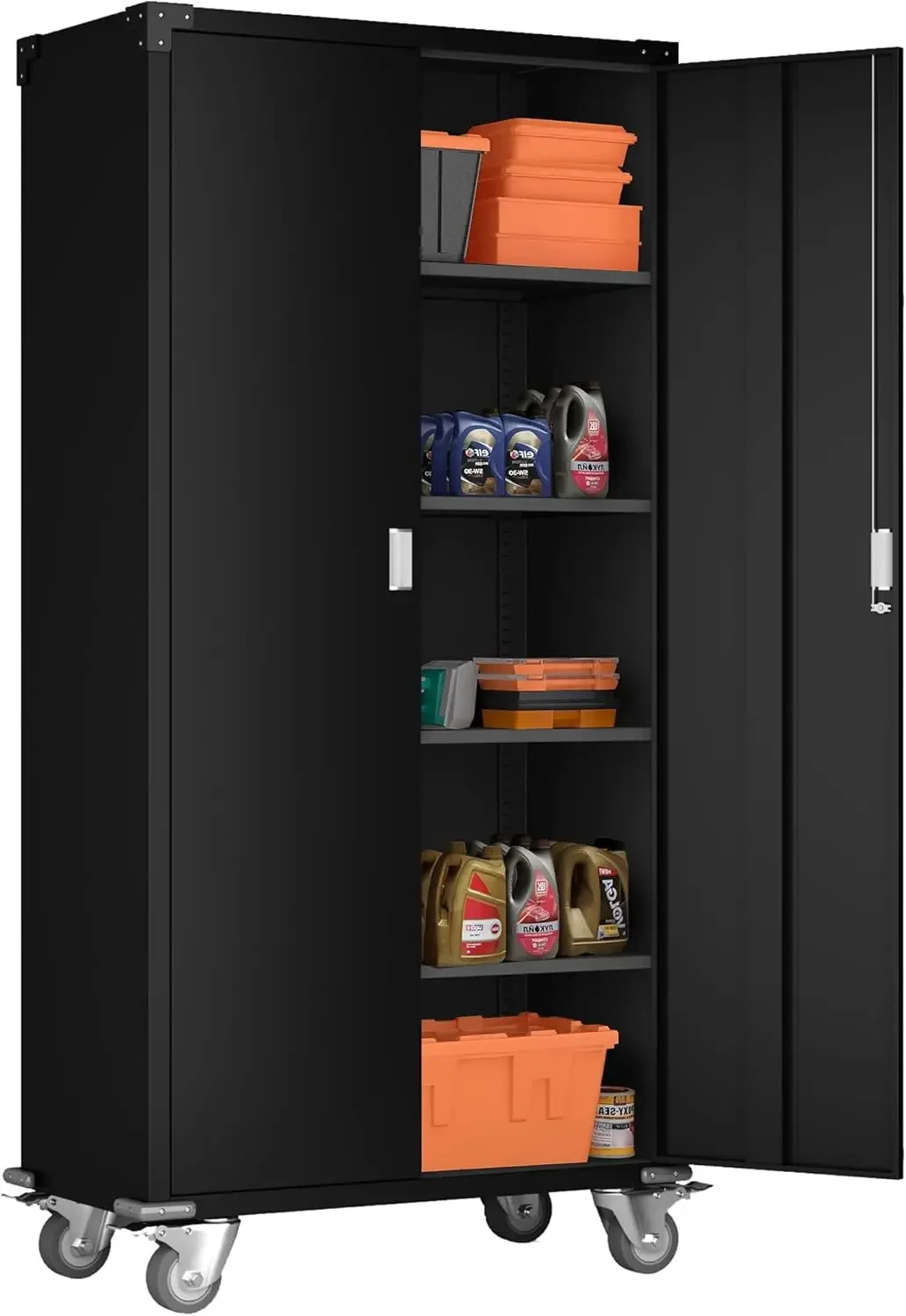 72 Inch Tall 2 Door Rolling Locking Metal Storage Cabinet Organizer with 4 Adjustable Shelves and 2 Keys for Garages