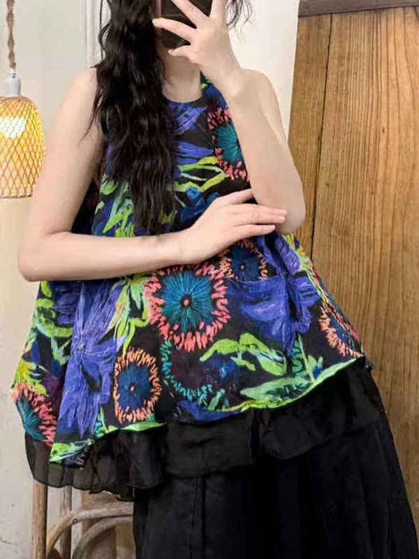 

Summer Artistic Casual Flax Print round Ne ort Double Layer Svel A-Line Vest Women's Faion Thin Retro Sle irt