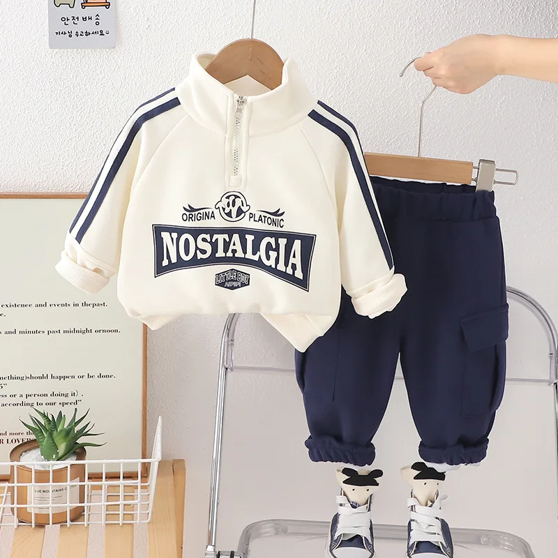 Toddler Spring Boys Suit Set 2025 Korean Baby Boy Clothes 9 To 12 Months Letter Half Zipper Pullover Tops and Pants Kids Outfits