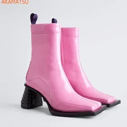 Dziwne stylowe Chelsea Boots kwadratowe noski masywne obcasy damskie buty z zamkiem błyskawicznym w połowie tuby jesienne damskie modne buty na imprezę różowe najnowsze buty