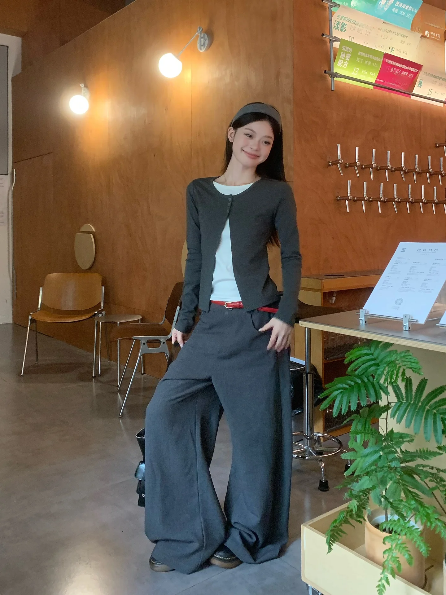 Deep Grey Suit Pants Women's High Waist Straight Leg Loose Casual Trousers Commute Style Korean Simple Design Wide Leg Long P...