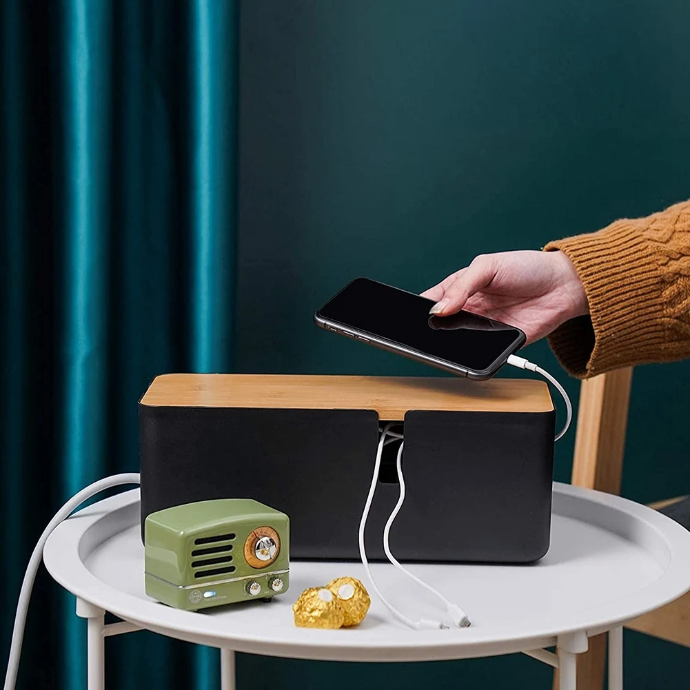 

Коробка для организации кабелей с бамбуковой крышкой, маленькая коробка-органайзер для удлинителей, сетевых фильтров и защитных устройств от перенапряжения