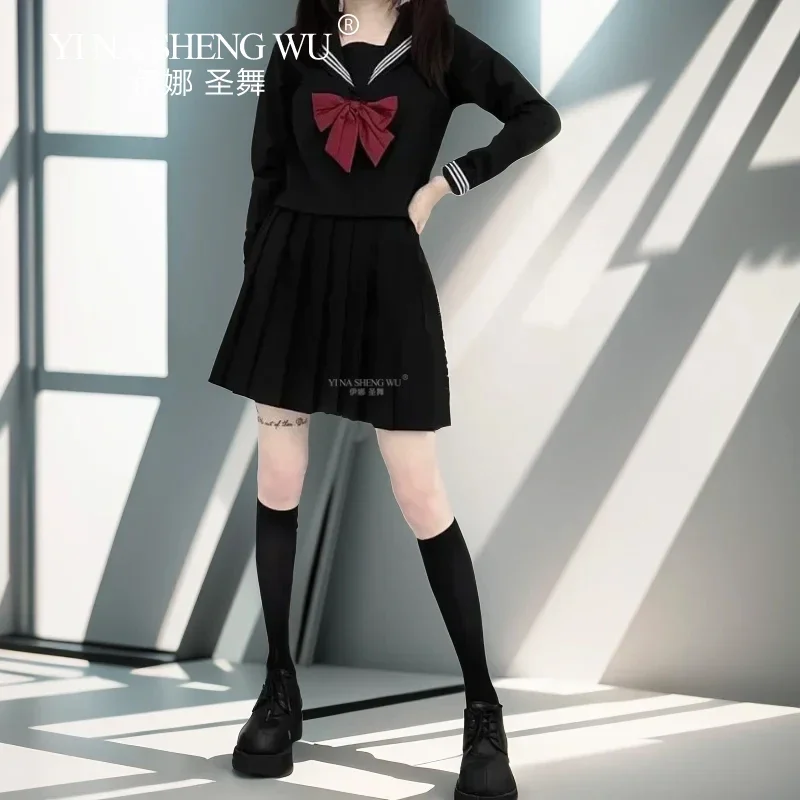 Basic Style Japanese Korean School Uniform College High School Student Uniforms Sailor Cosplay Costumes Black Top Pleated Skirt
