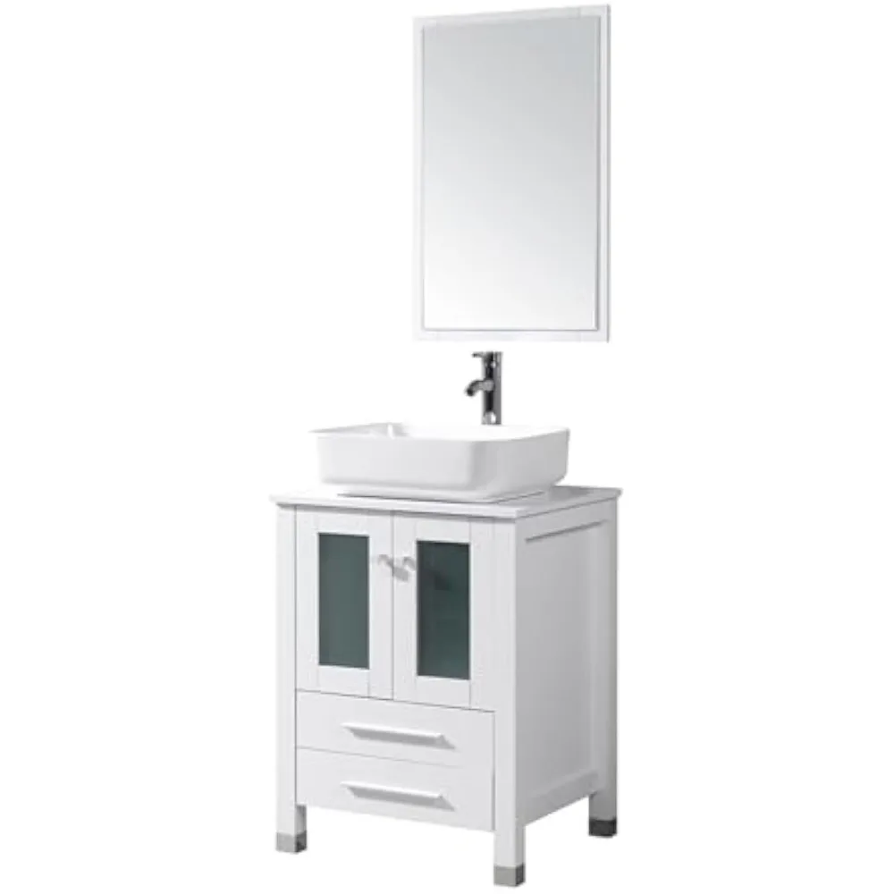 24” Bathroom Vanity Sink Combo White Stand Cabinet with Ceramic Vessel Sink, Chrome Solid Brass Faucet, Pop Up Drain and Mirror