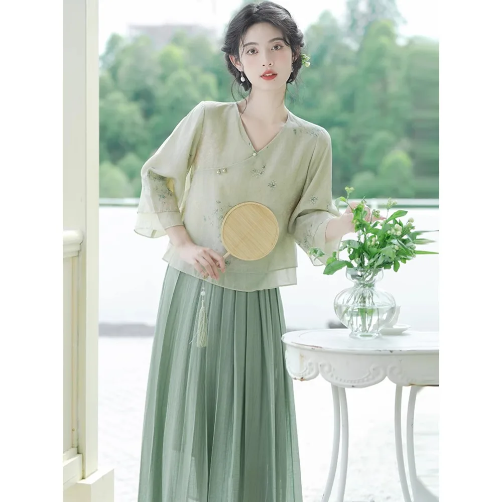 Summer Traditional Chinese Clothing Modern Zen Women's Xianqi Tea Dress Set Improved Cheongsam Shirt Chinese Style Tang Suit