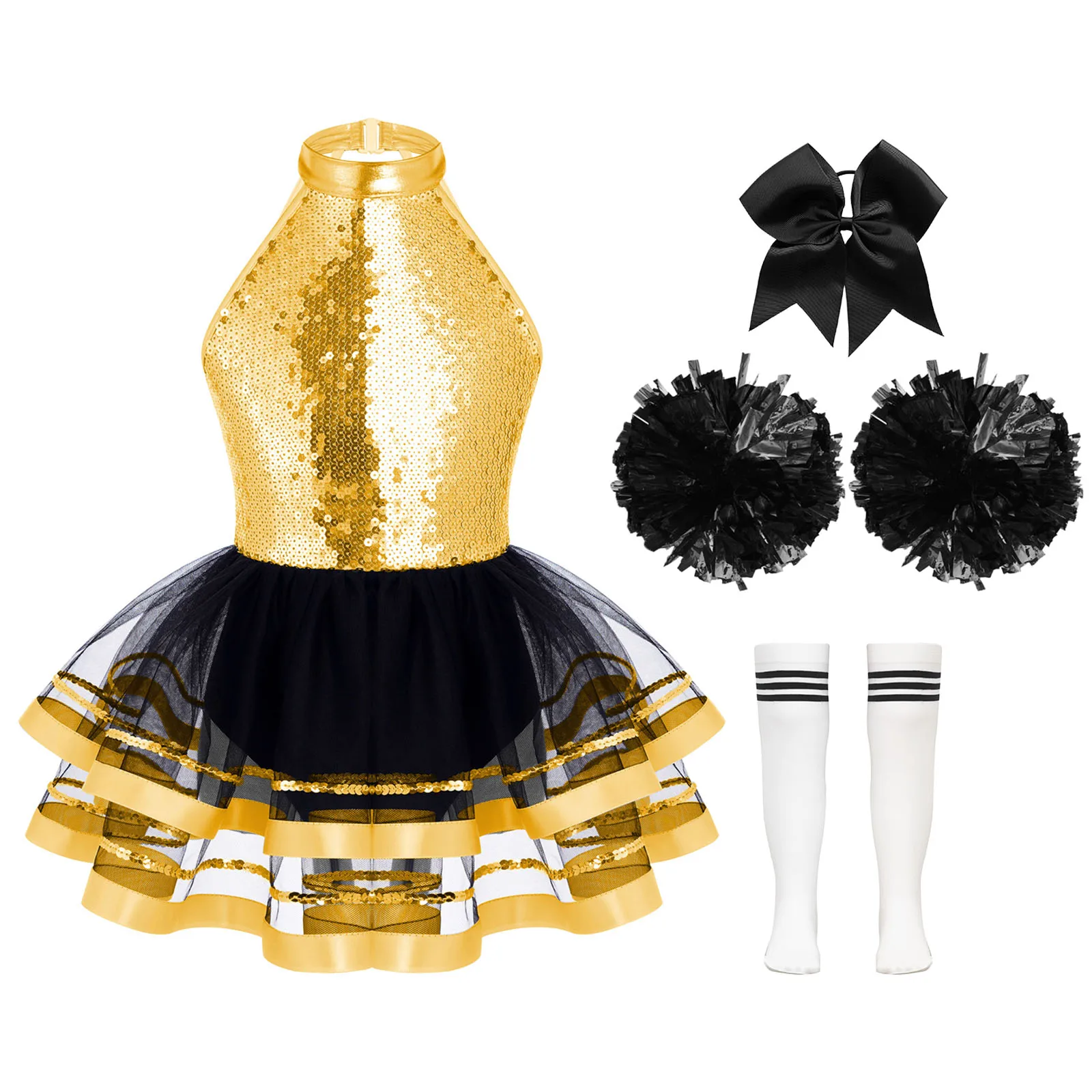 Girls Cheerleading Jazz Dance Ballet Performance Outfit Shiny Sequins Tulle Tutu Leotard Dress with Flower Balls Headwear Socks