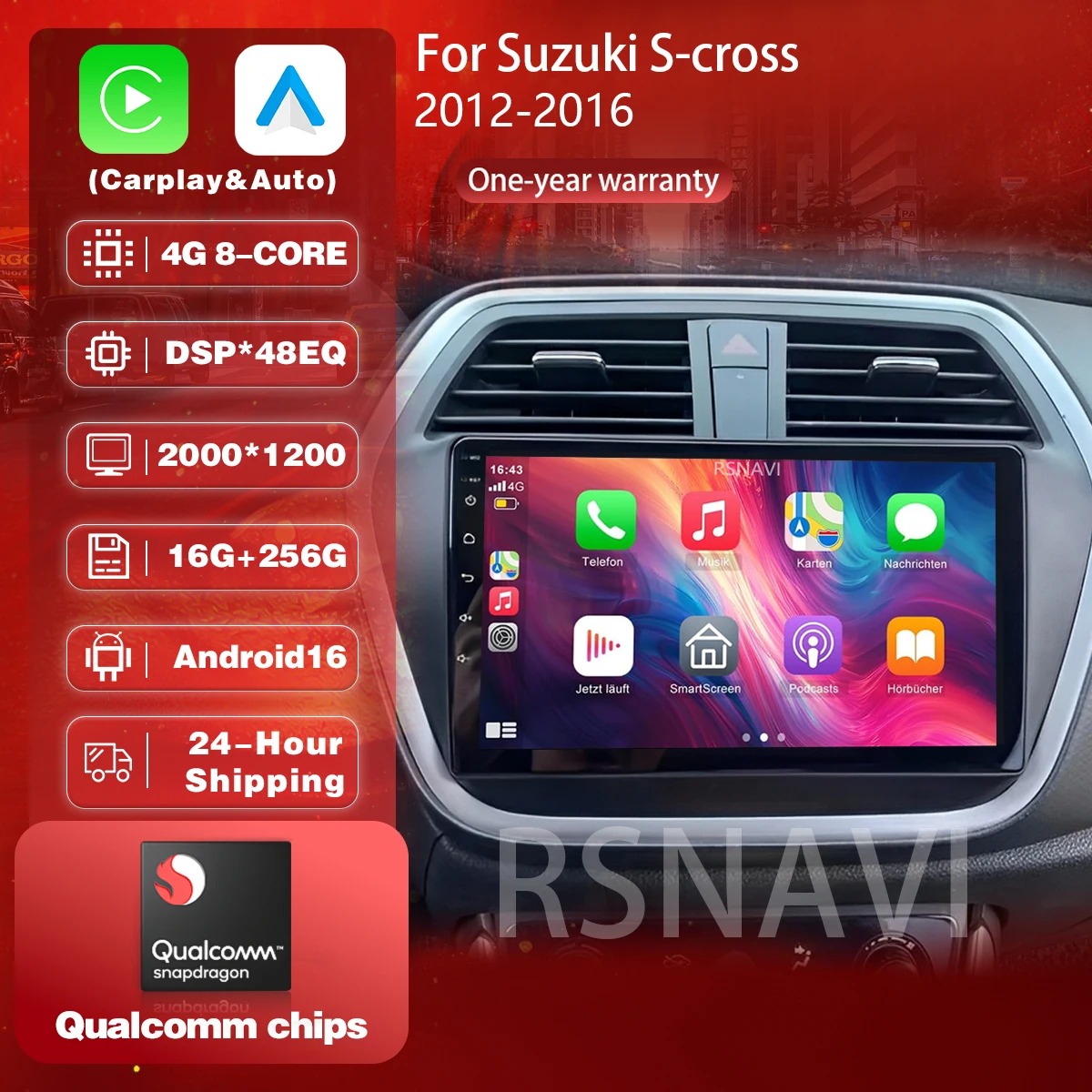Android 16 Carplay For Suzuki S Cross SX4 2012 - 2016 Auto 2K Screen Car Radio Multimedia Player Screen Steering Wheel Control