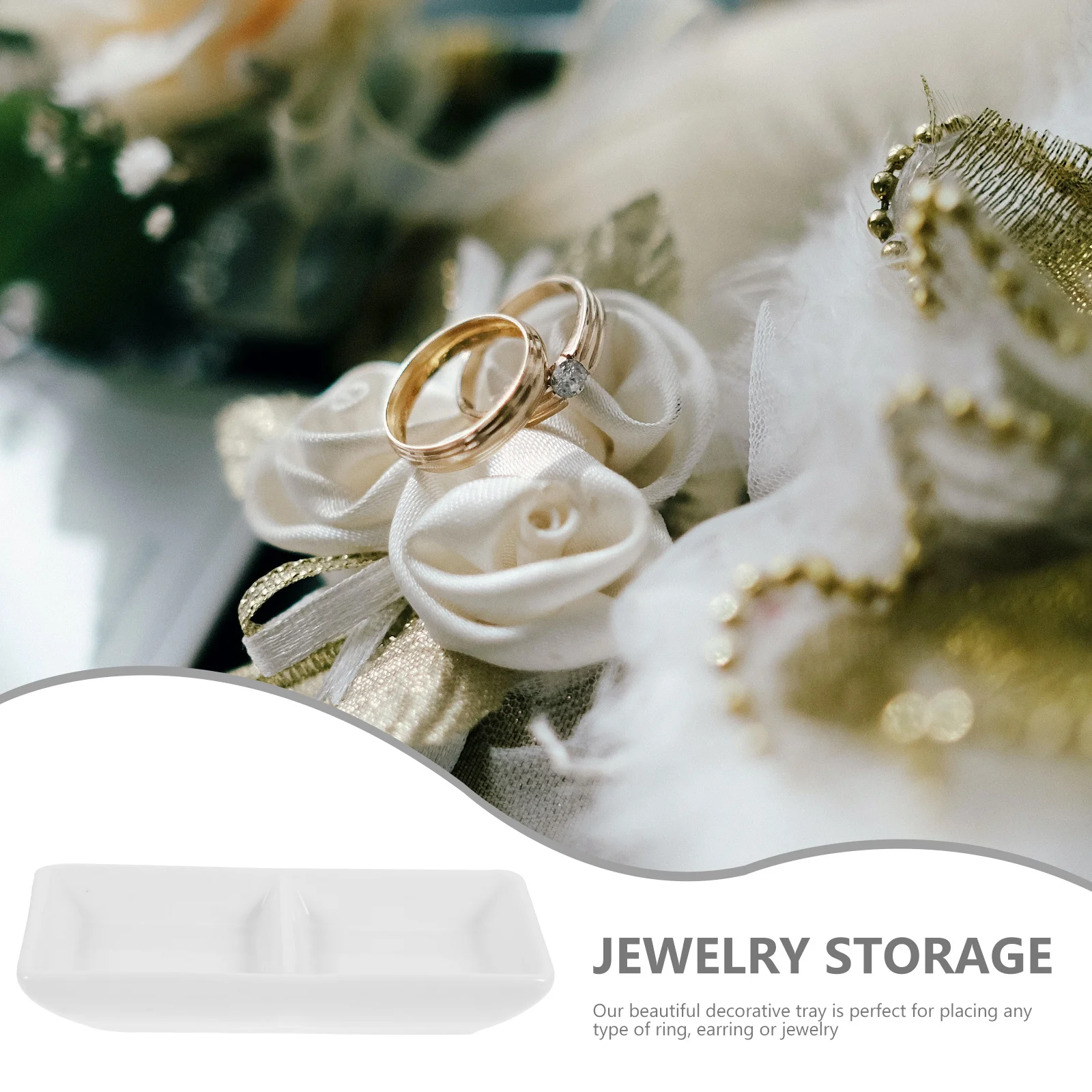 طبق مجوهرات من السيراميك الأبيض مكون من مقصورتين، حامل حلقي، منظم ديكور لخواتم وأقراط وسوار الزفاف