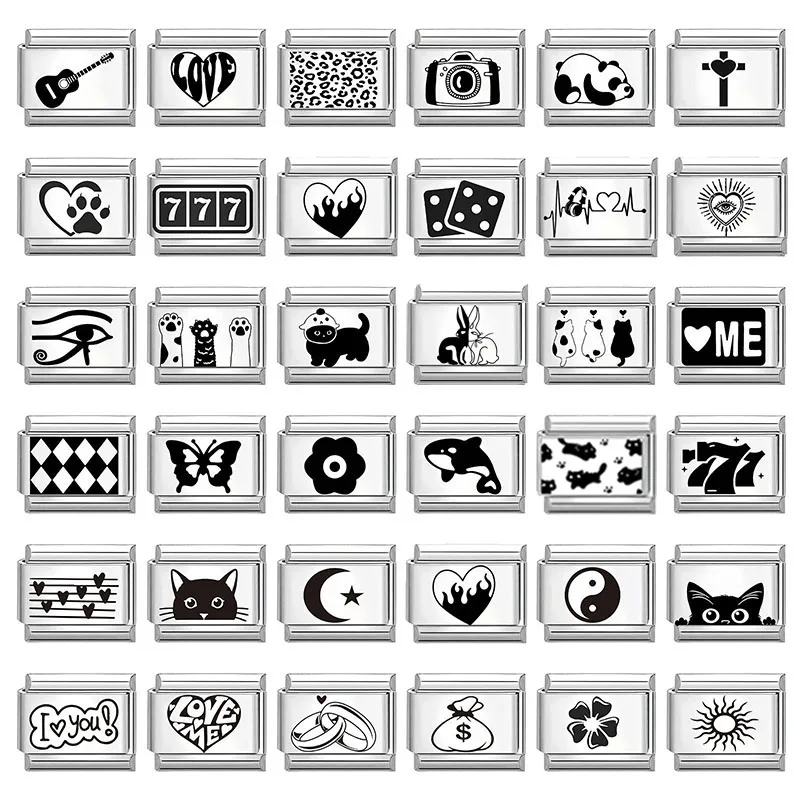 Laser Engraving Cute Cats Paw NO.8 Ball Heart Cross Sun Italian Charm Links Fit 9mm Stainless Steel Bracelet Women DIY Making