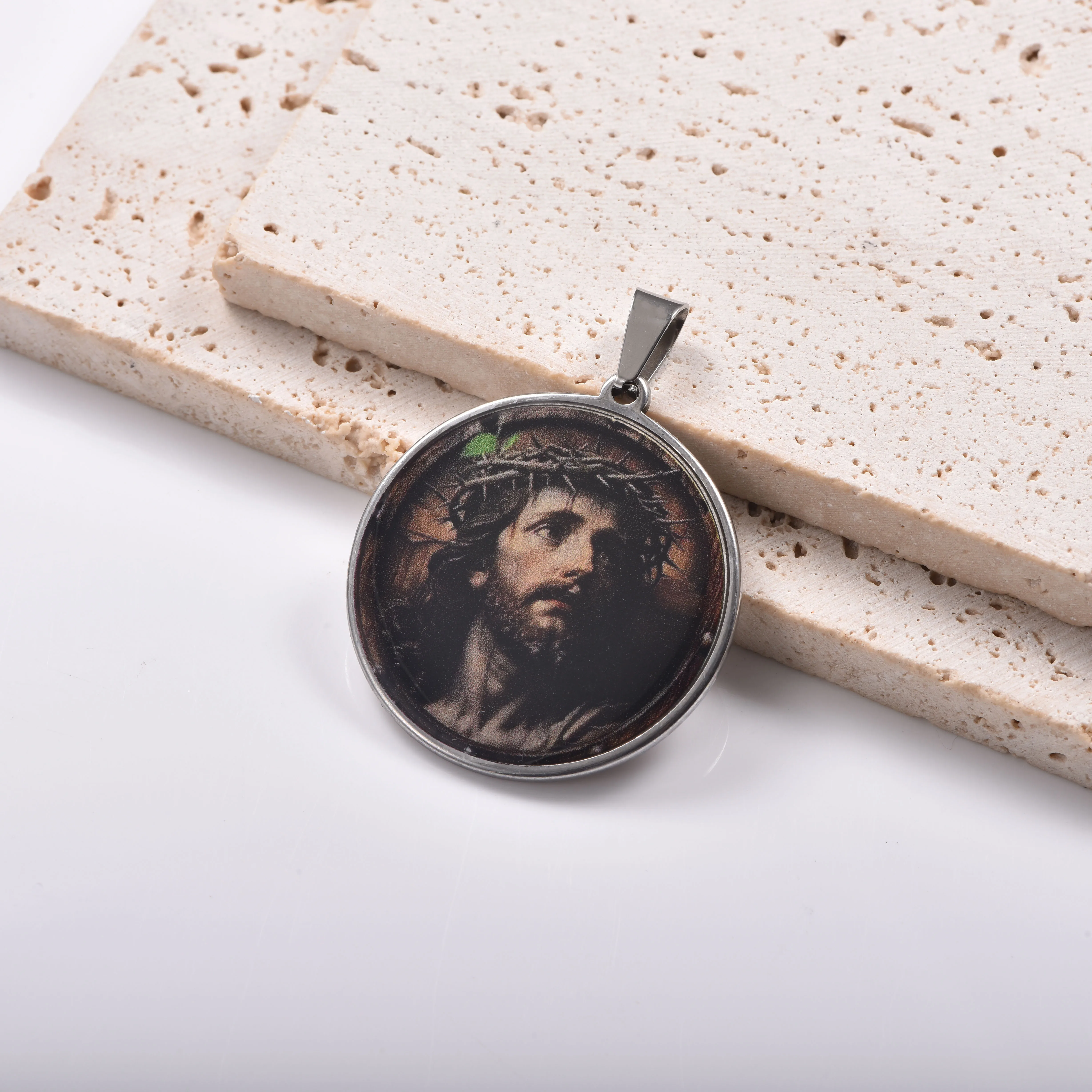 Christlicher religiöser runder Cabochon-Anhänger, Edelstahl-Charm-Halskette, Zubehör, handgefertigte Schmuckherstellungsmaterialien – Detail 2