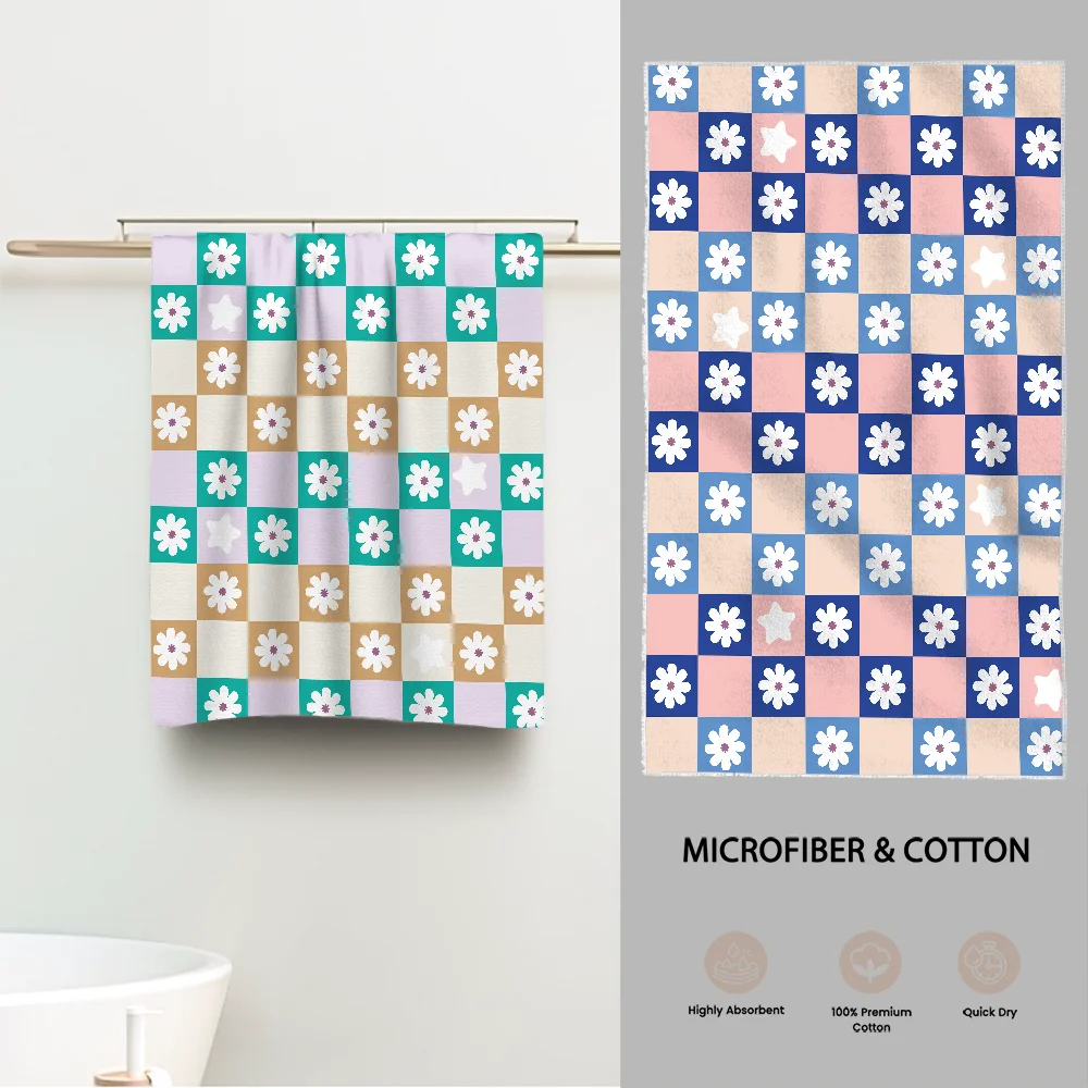 

Checkered Flower Pattern Towel Luxury Bathroom Hand Towels Cotton and Microfiber Back Personalized Gift Towel