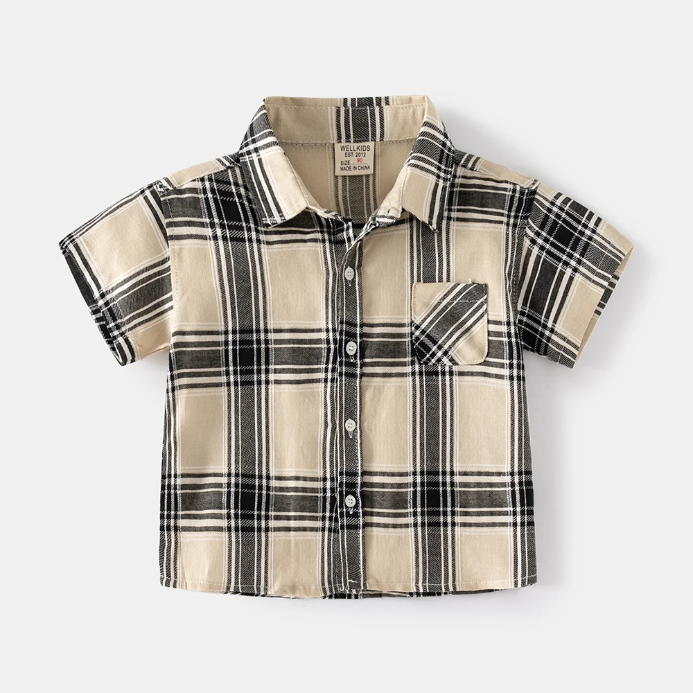 Boys Lapel Plaid Short-sleeved Shirt Summer Cool Breathable Shirt Boys Leisure Shirt