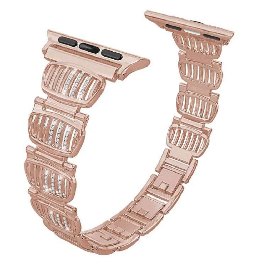 سوار ساعة أبل مخطط معدني أنيق مع لمسات الماس الأبيض - حزام بديل أنيق من الفولاذ المقاوم للصدأ لسلسلة iWatch