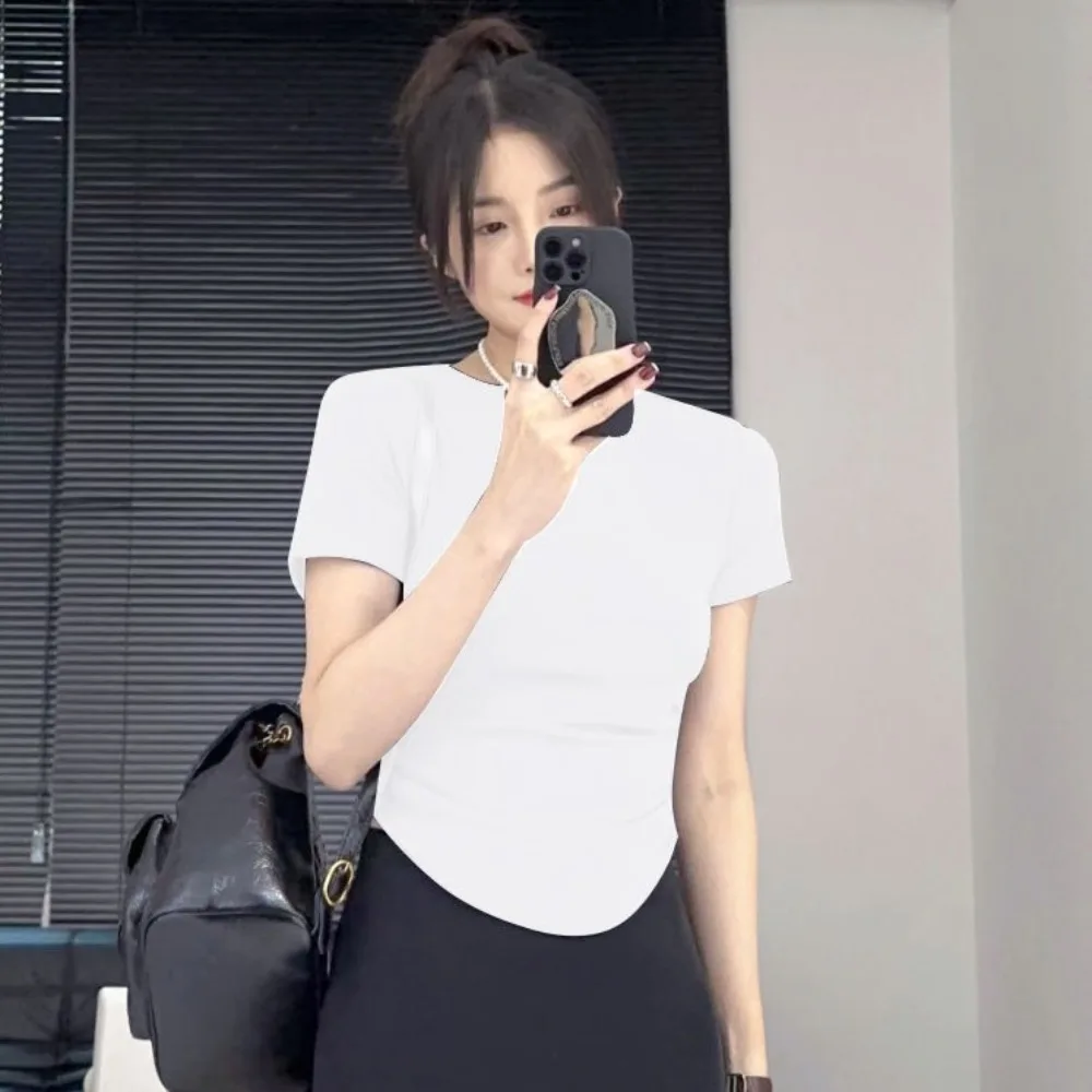 Trendy Solid Color Summer Short Sleeves Round Neck Spice Girl Slim Fit T-shirt Pleated Top for Women Girl 썸네일 2