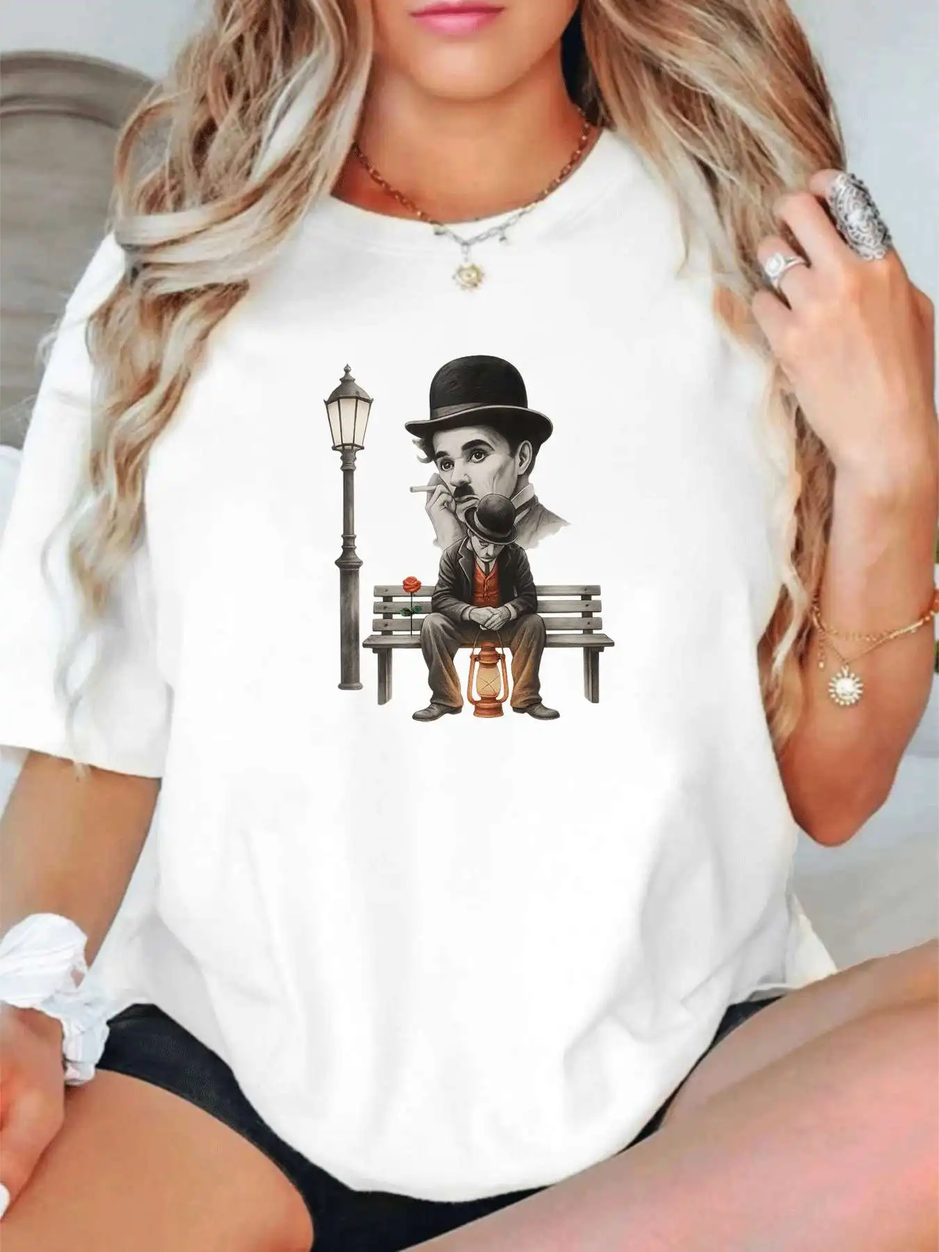 【33578】 Plus size women's round neck short sleeve T-shirt with elastic half sleeves and trendy prints