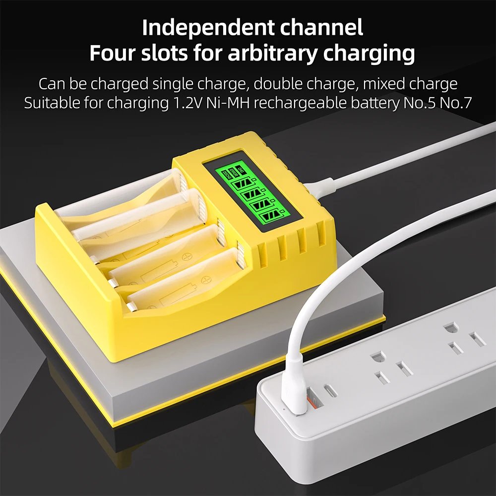 Chicnod LCD005 AA AAA Battery Charger Ni-MH Ni-Cd 4 Slot LCD Display USB Type-C Smart Charger for Rechargeable Batteries