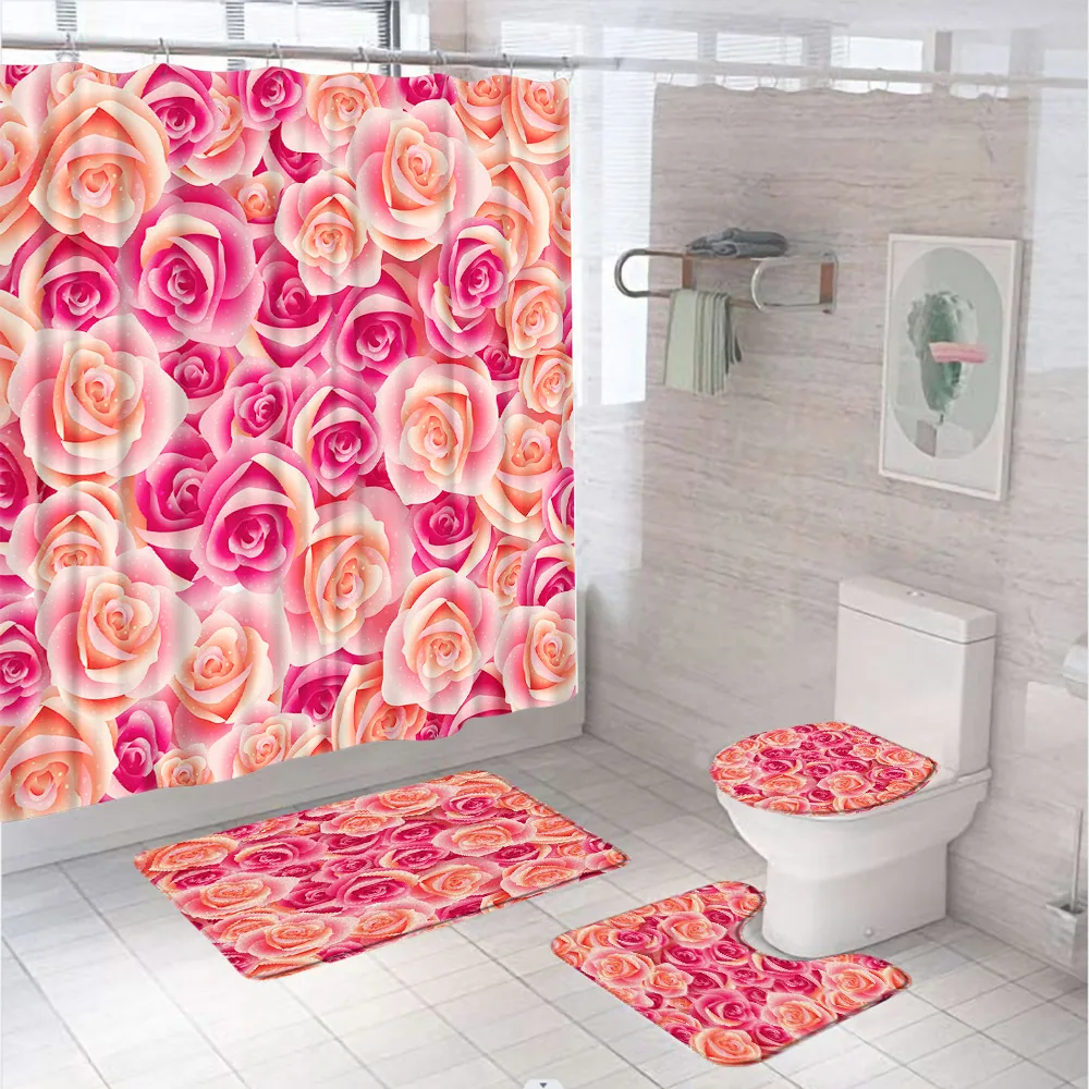 

Pink Rose Flower Shower Curtain Set Non-Slip Toilet Lid Cover Rug Bath Mat Spring Floral Bathroom Curtains Home Decor with Hooks