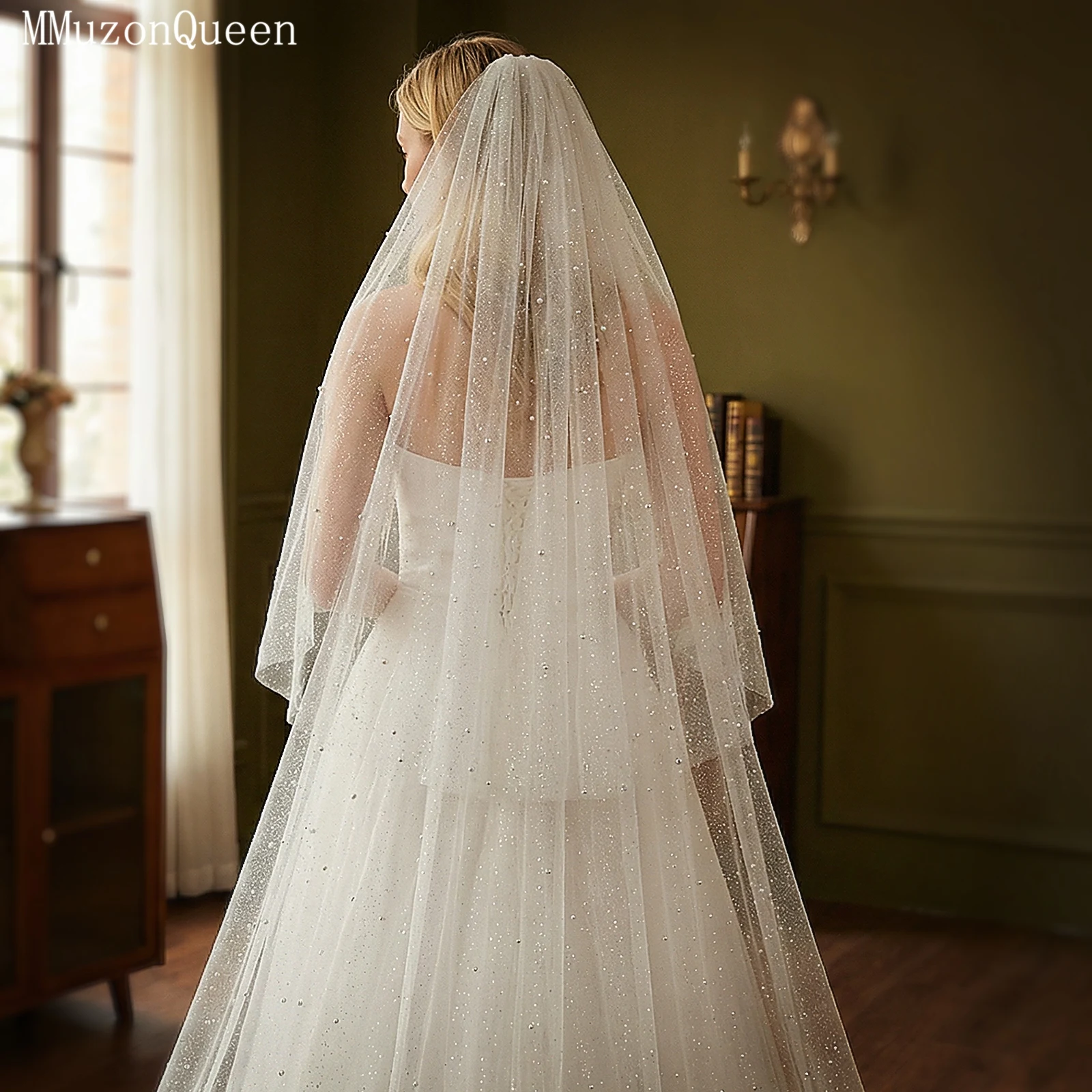 TOPQUEEN Velos De Novia Largos Bridal Glitter Veil 2 Layer Pearl Veil Amanda Novias A Safe Choice Wedding Accessories V91