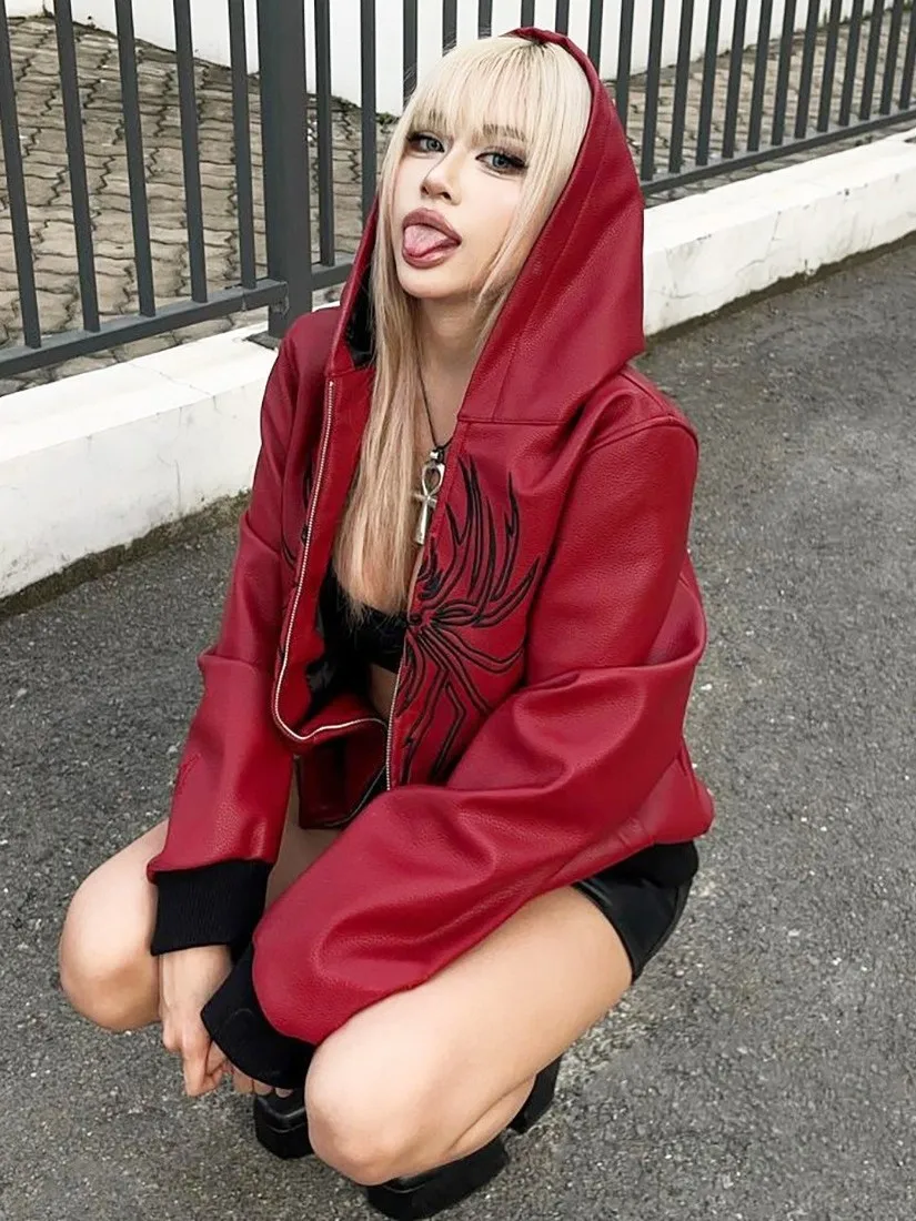 Leather Cardigan Long Sve Zipper Jaet Women's Loose Fit Warm Thiened PU Leather Coat with Hat for Middle-Aged Women