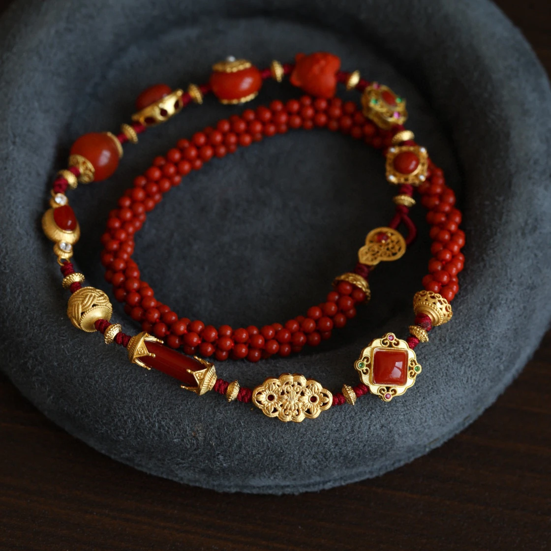 Natural Red Agate Handwoven Bracelet, S925 Silver Gold Gilded Inlay, Chinese Vintage Style Energy Protection Accessory