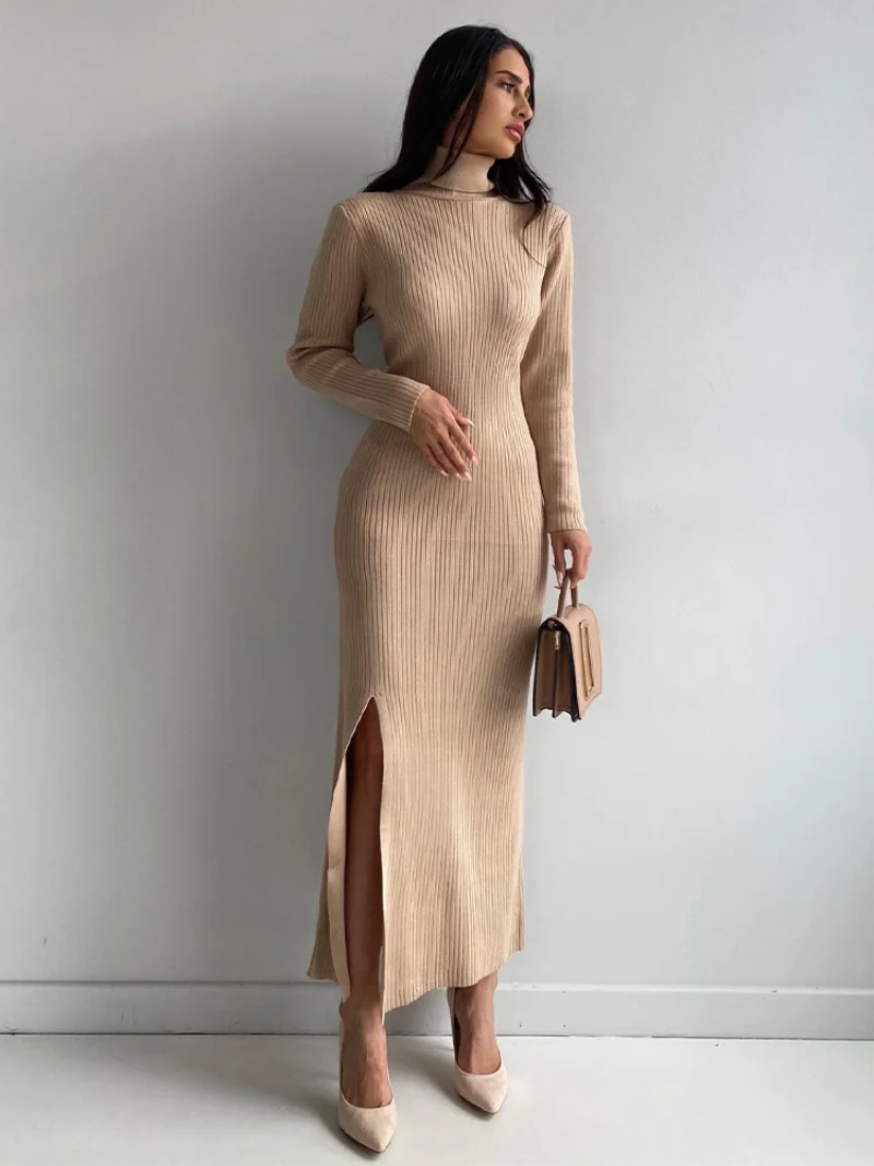 High-neck Split Knit Dress Long-sleeved Sexy Pit Strip Tight Buttock Sweater Dress for Women