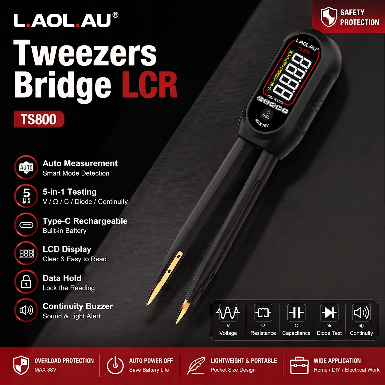 TS800 LCR Tweezer Meter SMD Component Tester Digital Multimeter Resistance Capacitance Diode Voltage Tester LCD Display Recharge