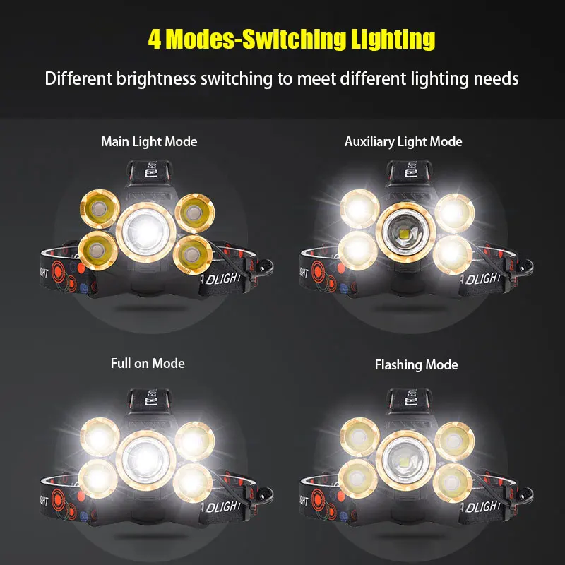 交換用センサー付きヘッドランプ,非常に明るい光,5つのLED,屋外,キャンプ,防水,高出力,釣り用懐中電灯