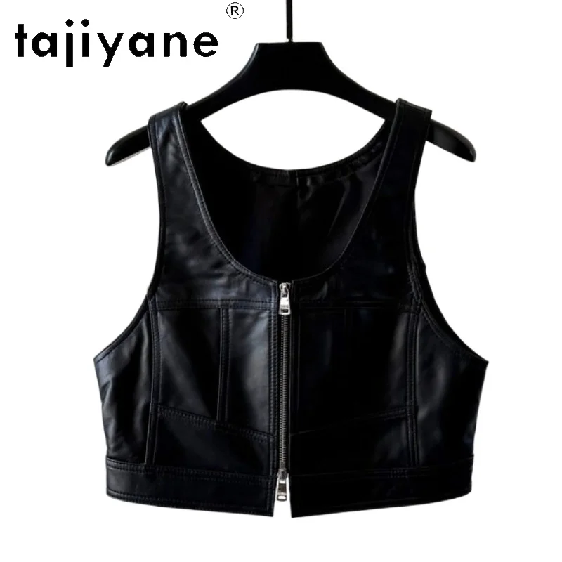 

TAJIYANE Short Sheepskin Women's Tanks Round Neck Real Leather Jacket Women Tanks Top Motorcycle Jackets for Woman Zipper Косуха