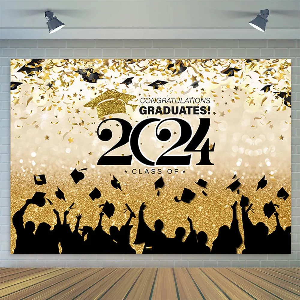 

Congratulations Graduates 2024 Photography Backdrop Graduation Ceremony Gold Background Party Decoration Banner Poster Vinyl