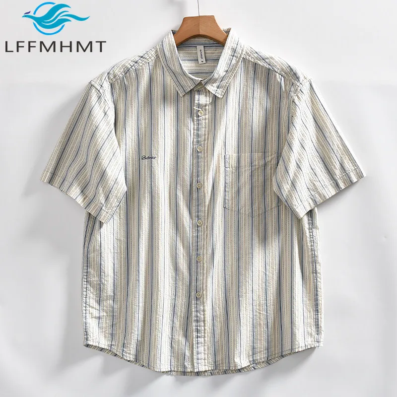 

Color Yarn Stripe Shirt for Men Summer Fashion Soft Comfortable Thin Breathable Short Sleeve Blouse Fresh Style 100% Cotton Tops