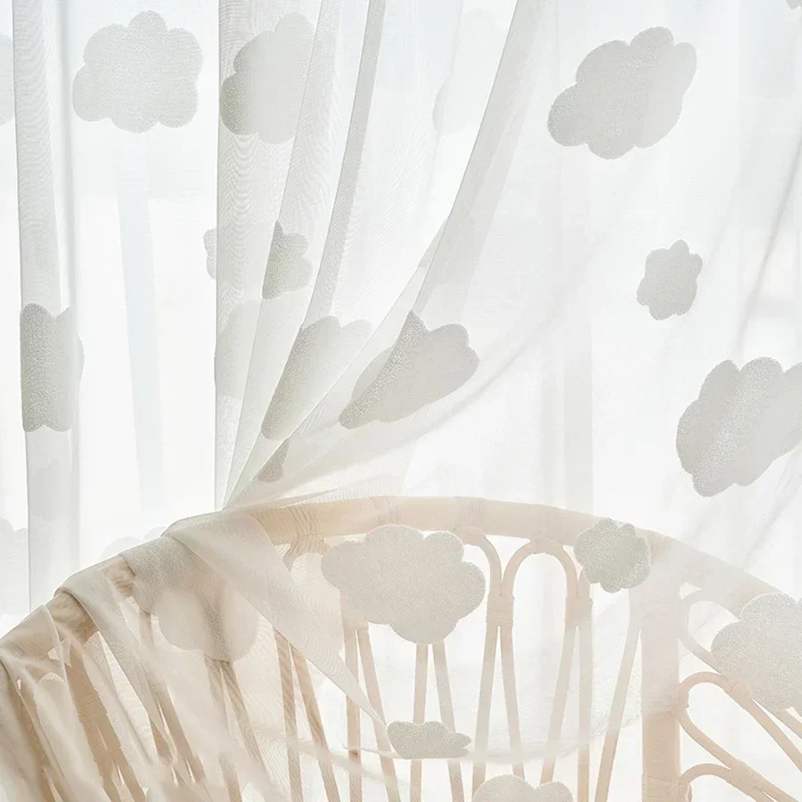 Curtains for Living Dining Room Kids Boy Bedroom Simple Cotton  Gauze Clouds Childlike White Log Wind Drift Balcony