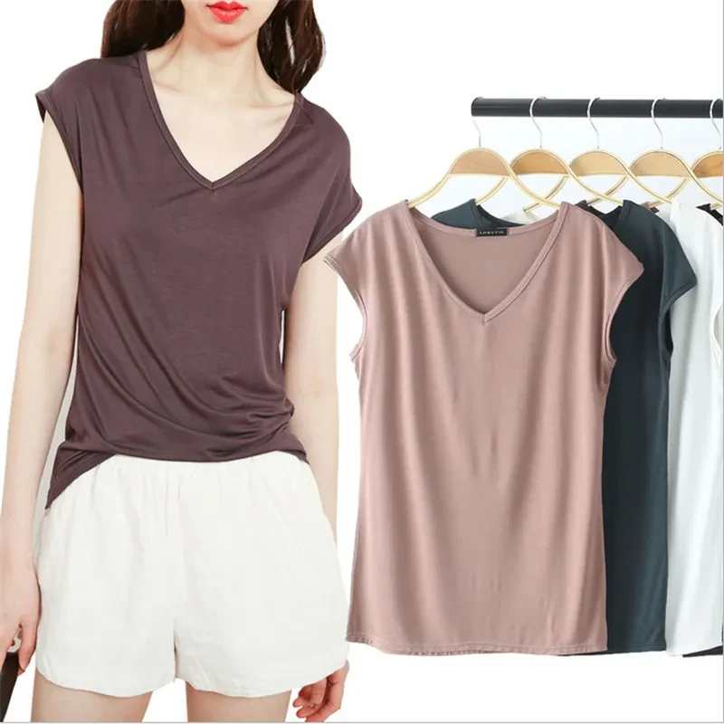 V Neck Base Tshirt sleeveless Women summer Modal T-shirts Solid color Casual Tee Tops  M to 2XL