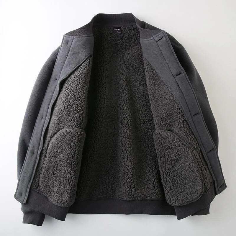 Men's Polar Fleece Coat Lambswool Baseball Collar Button Thermal Sweatshirts Bomber Jacket Windproof Outdoor Comfortable Jackets