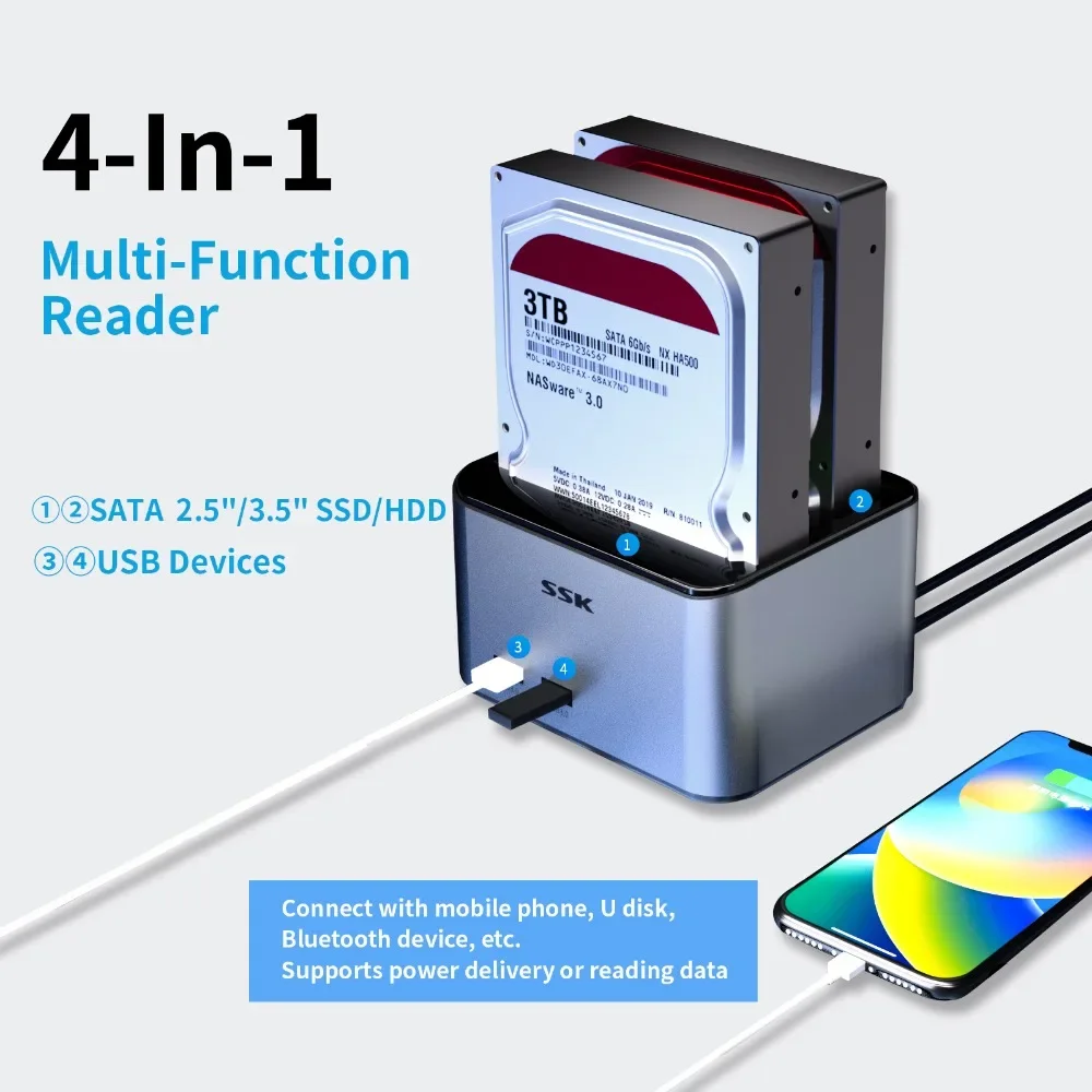 SSK-estación de acoplamiento de disco duro externo de aluminio de doble bahía, USB 3,0 a SATA para 2,5, 3,5 pulgadas, SATA, HDD, SSD, compatible con