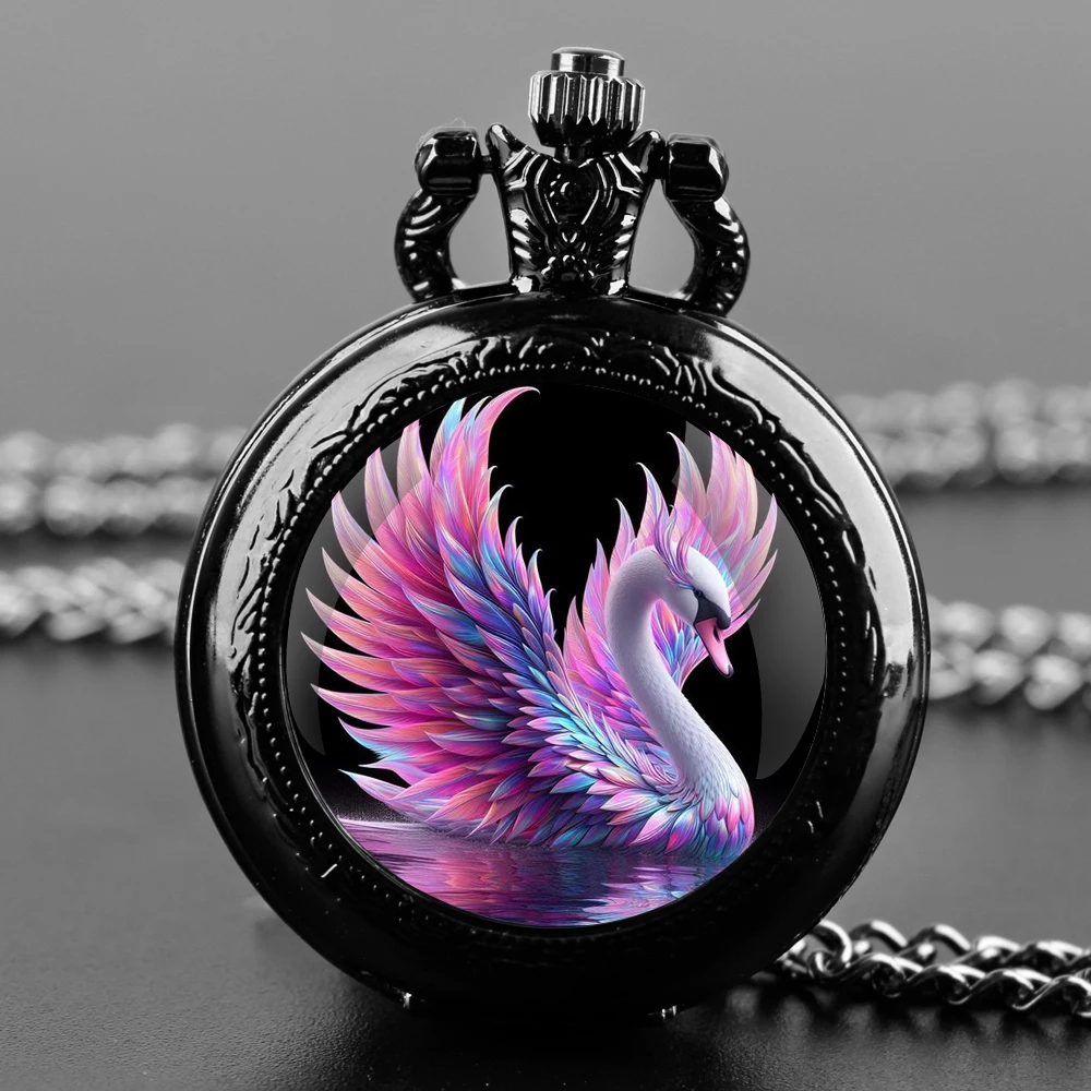 

Pink Swan Special Gift Glass Dome Arabic Numerals Quartz Pocket Watch Necklace Pendant Clock Chain Men Women Gifts