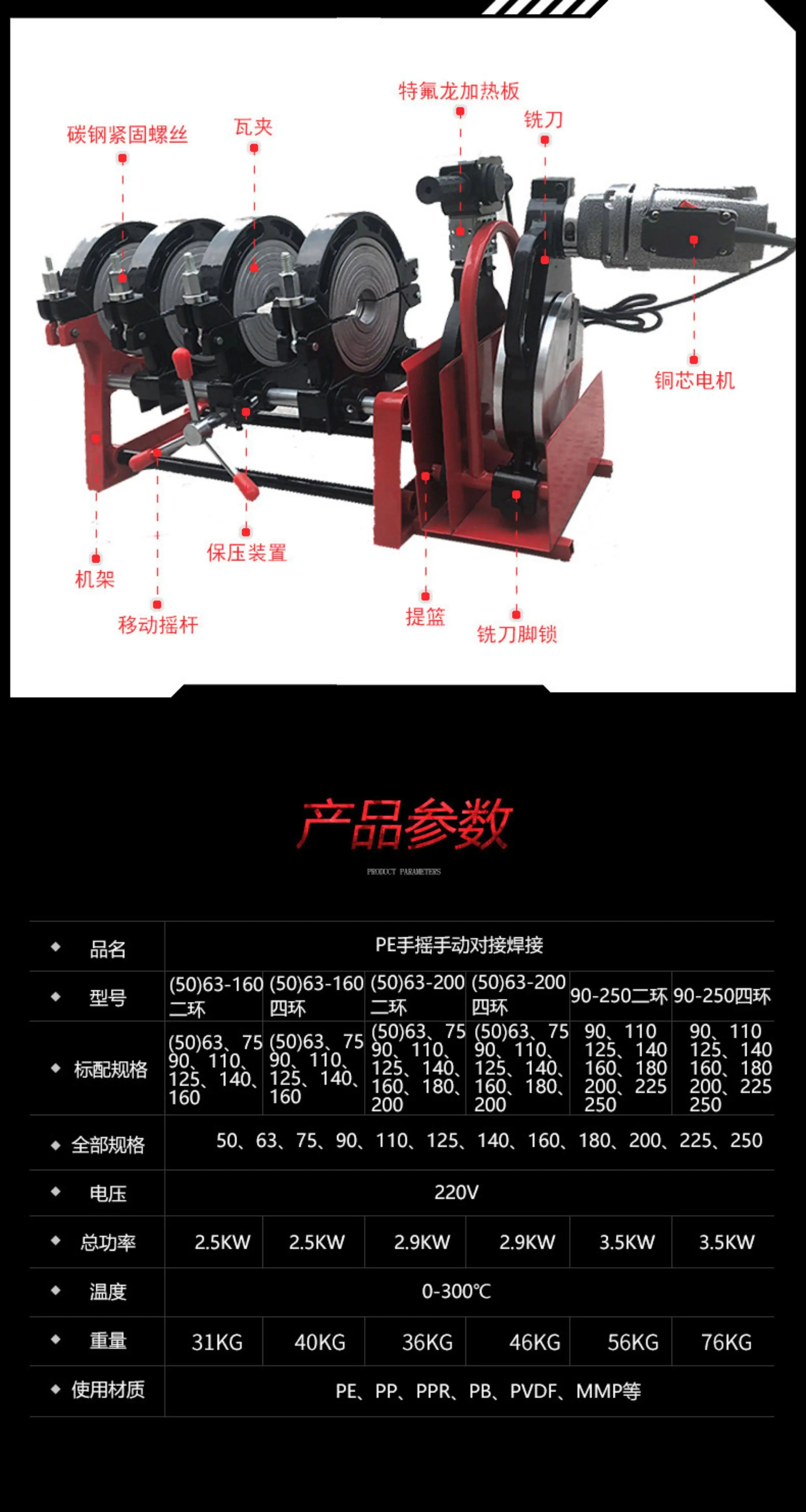 63-160/200 Manual Two-Ring Butt Welding Machine PE Pipe  Butting Hot Melter Pipe