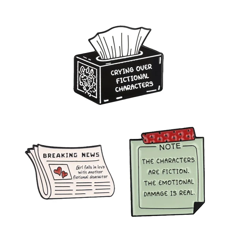 Novel lover series badges, Fun notepaper newspaper English quotes letter pins, accessories for clothing bags, gifts for friends