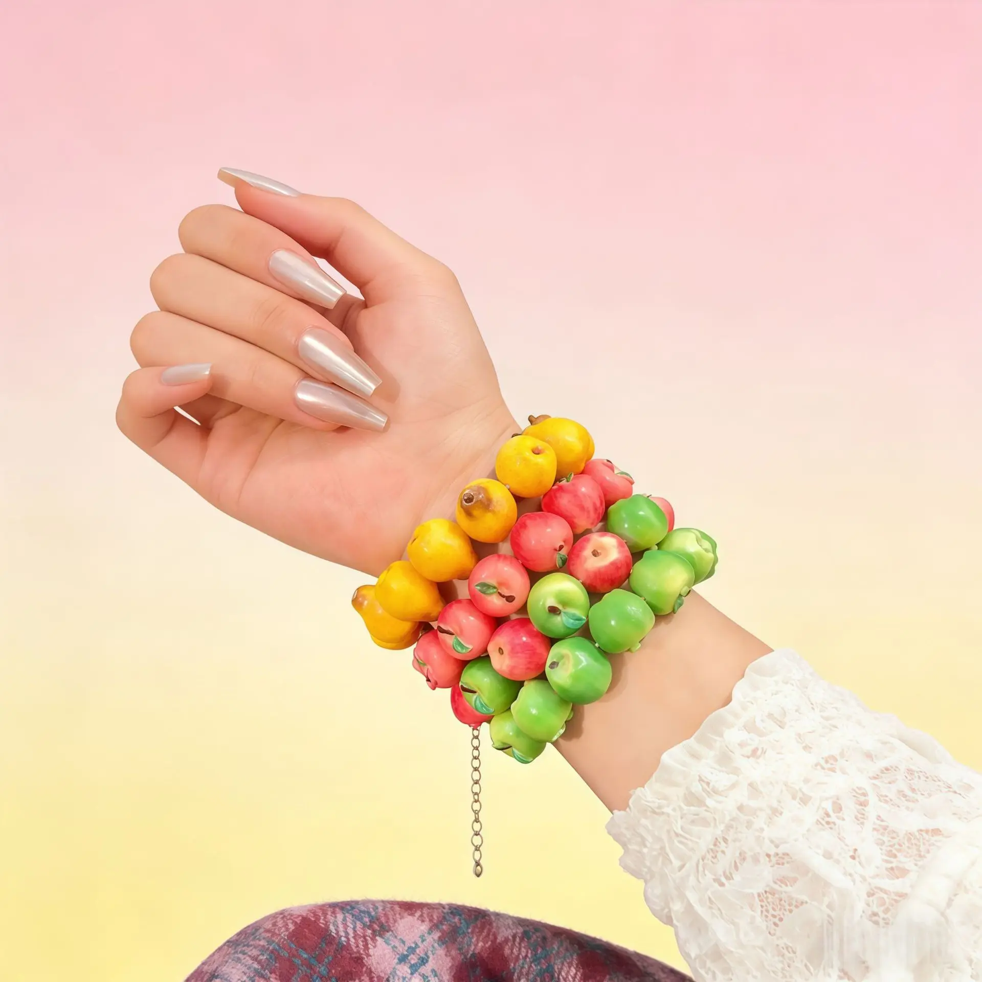 Dopamine Simulated Fruit Resin Bracelet Creative Cartoon Colorful Apple Strawberry Elastic Rope Y2K Beaded Jewelry Pulsera Fruta