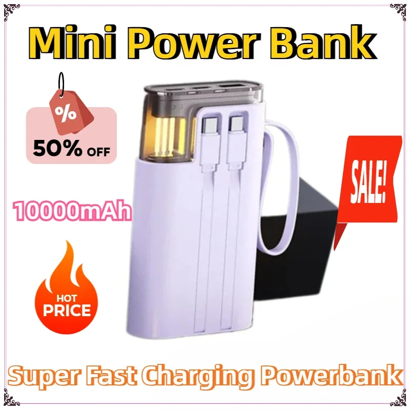 

10000mAh Mini Power Bank with Cables Large Capacity Portable Super Fast Charging Powerbank For IPhone Xiaomi External Battery