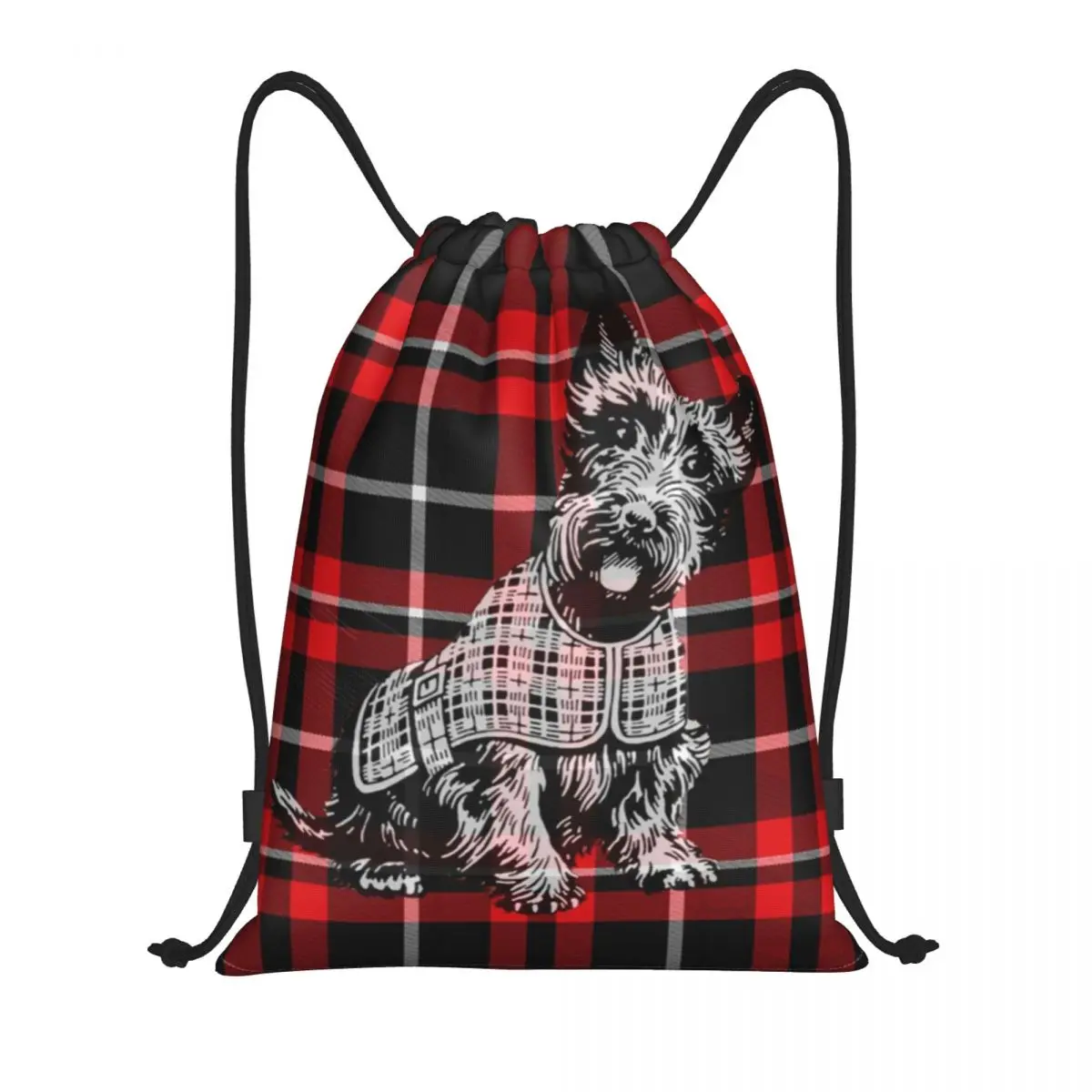 Scottish Terrier Dog On Red And Black Tartan Plaid Drawstring Bags Foldable Sports Gym Sackpack Scottie Pet Training Backpacks