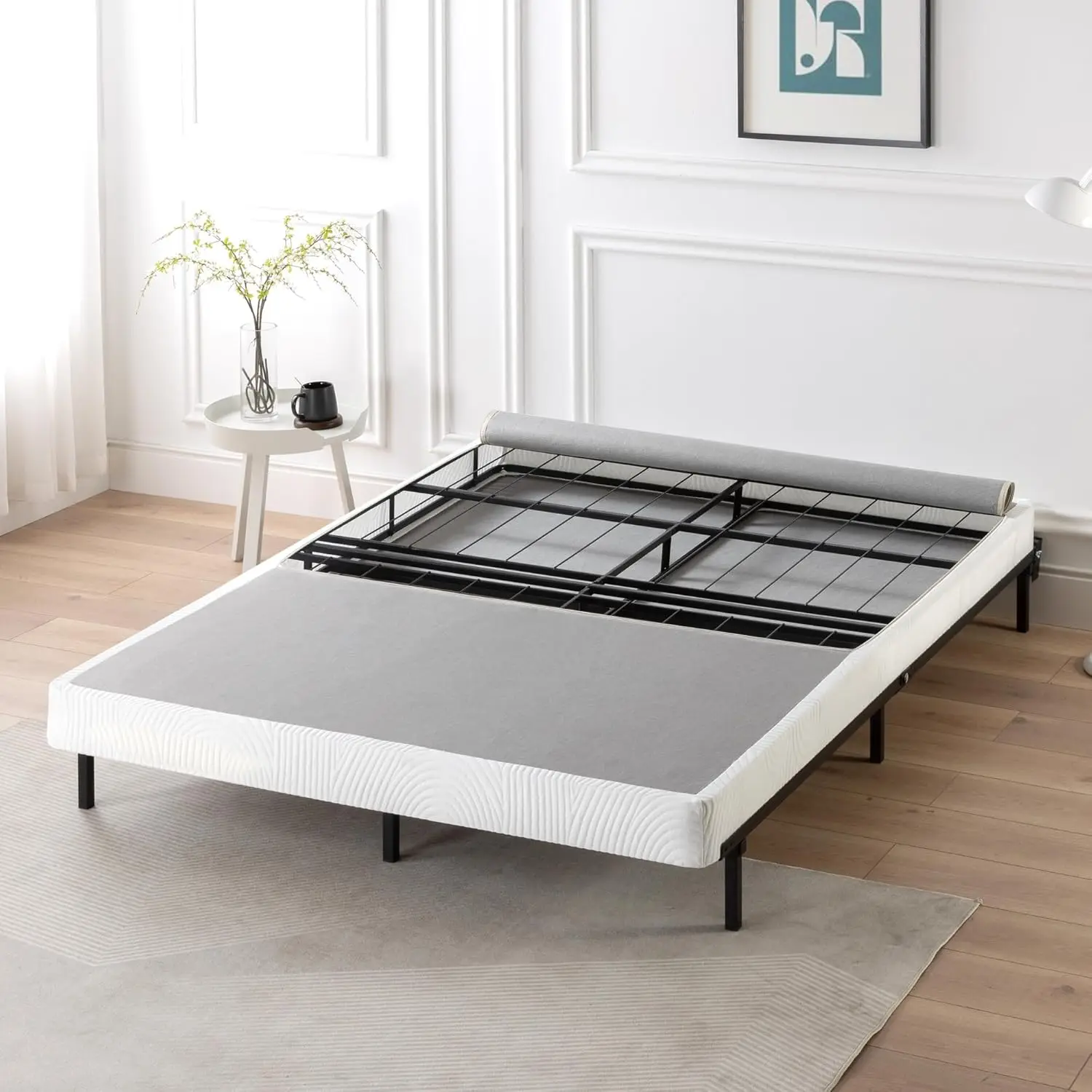 No Assembly Box Spring, 4 Inch White Mattress Foundation, Sturdy Metal Structure, Queen,Grey