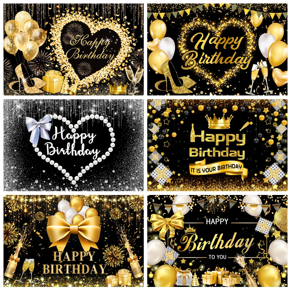 

Happy Birthday Backdrop Black Gold Balloons Champagne Birthday Party Decor Custom Photography Background Banner for Men Women