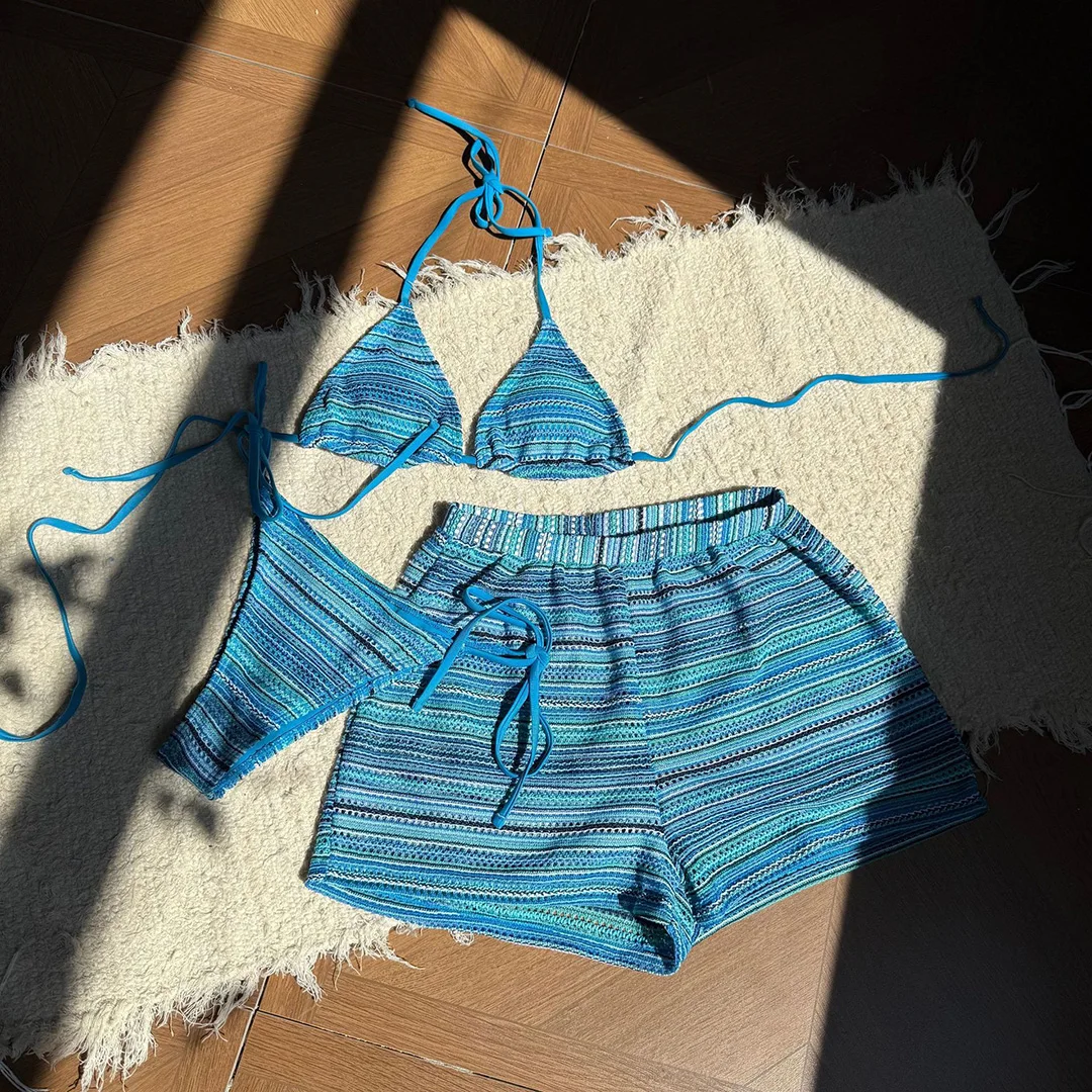 Neuer, aufreizender, gestreifter Bikini mit Neckholder-Ausschnitt, Damen-Badeanzug, dreiteiliges Bikini-Set mit Shorts, Damen-Badebekleidung, Badeanzug, Badebekleidung, Modell V6326. – Detail 12