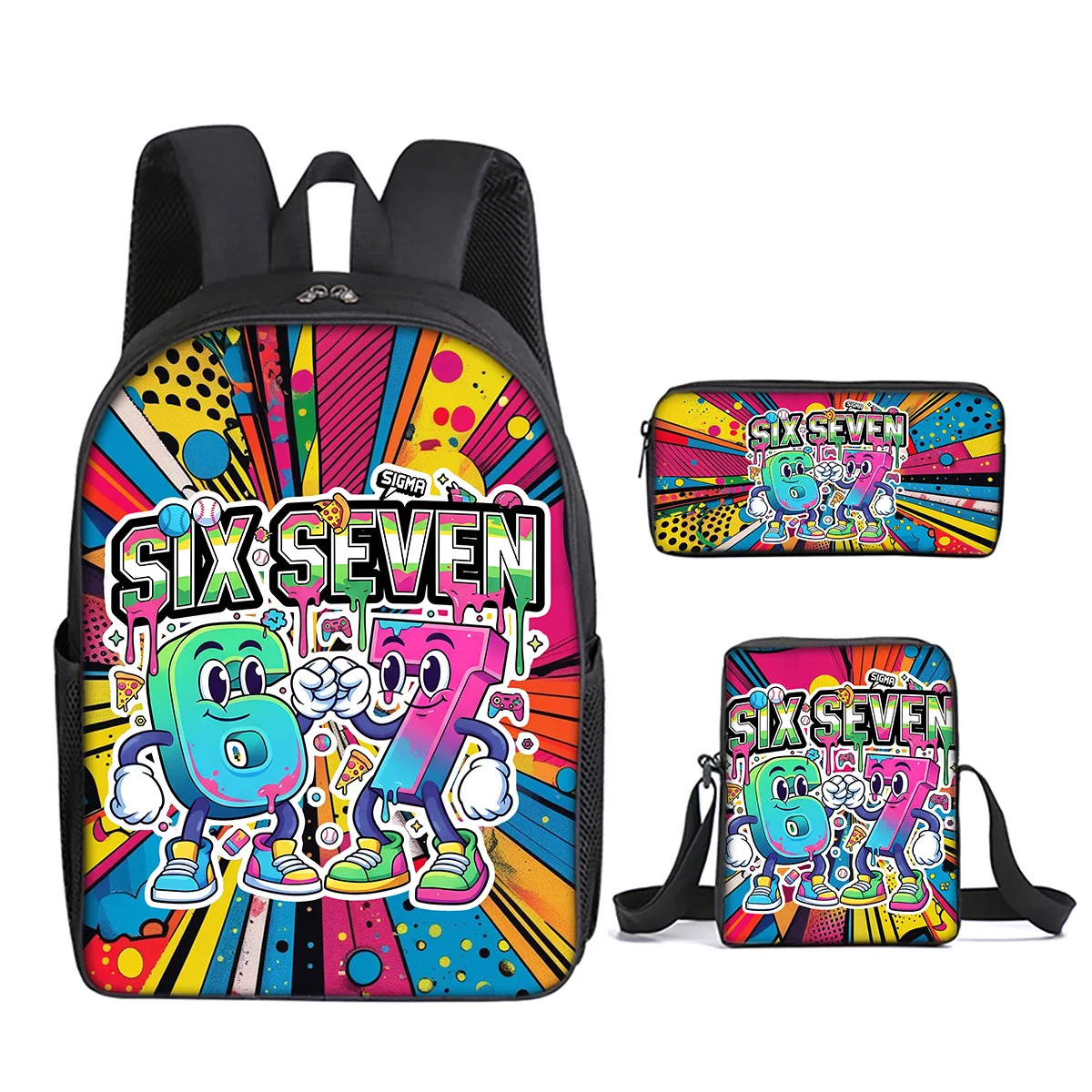 Fashion Novelty 67 six seven 3D Print 3pcs/Set pupil School Bags Laptop Daypack Backpack Inclined shoulder bag Pencil Case