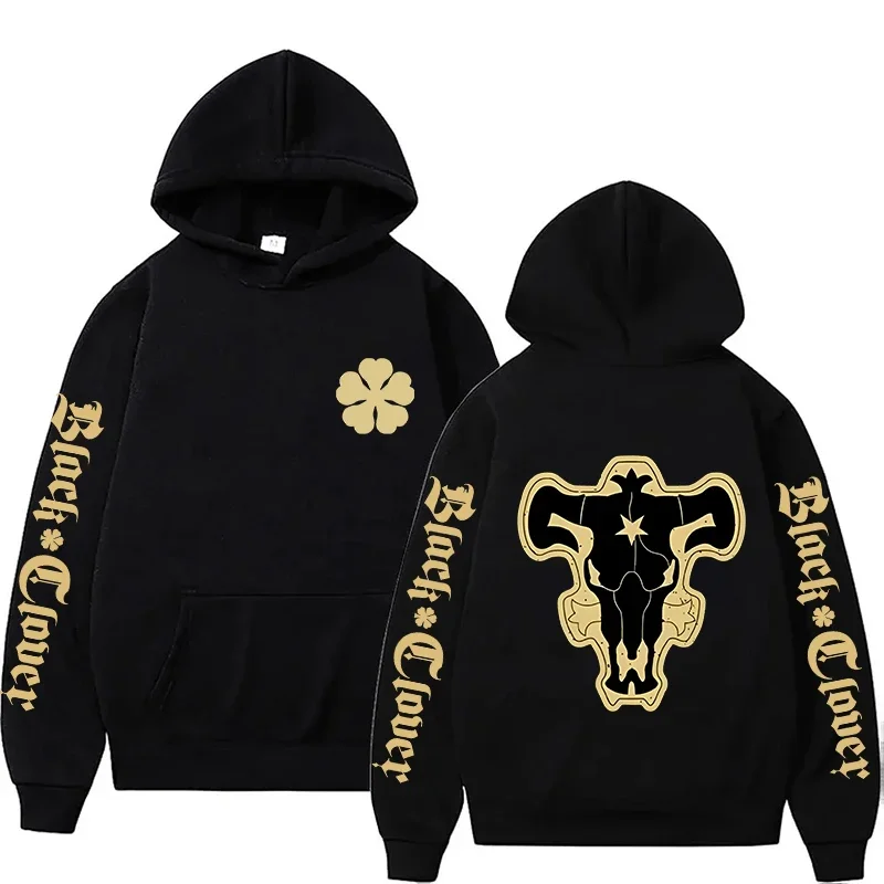2026 Herbst Black Clover Black Bull Hoodie mit mehreren Prints, vorne mit Kleeblatt-Emblem, hinten mit Bullenschädel, Unisex, Oversized, Y2K-Hoodie – Detail 2