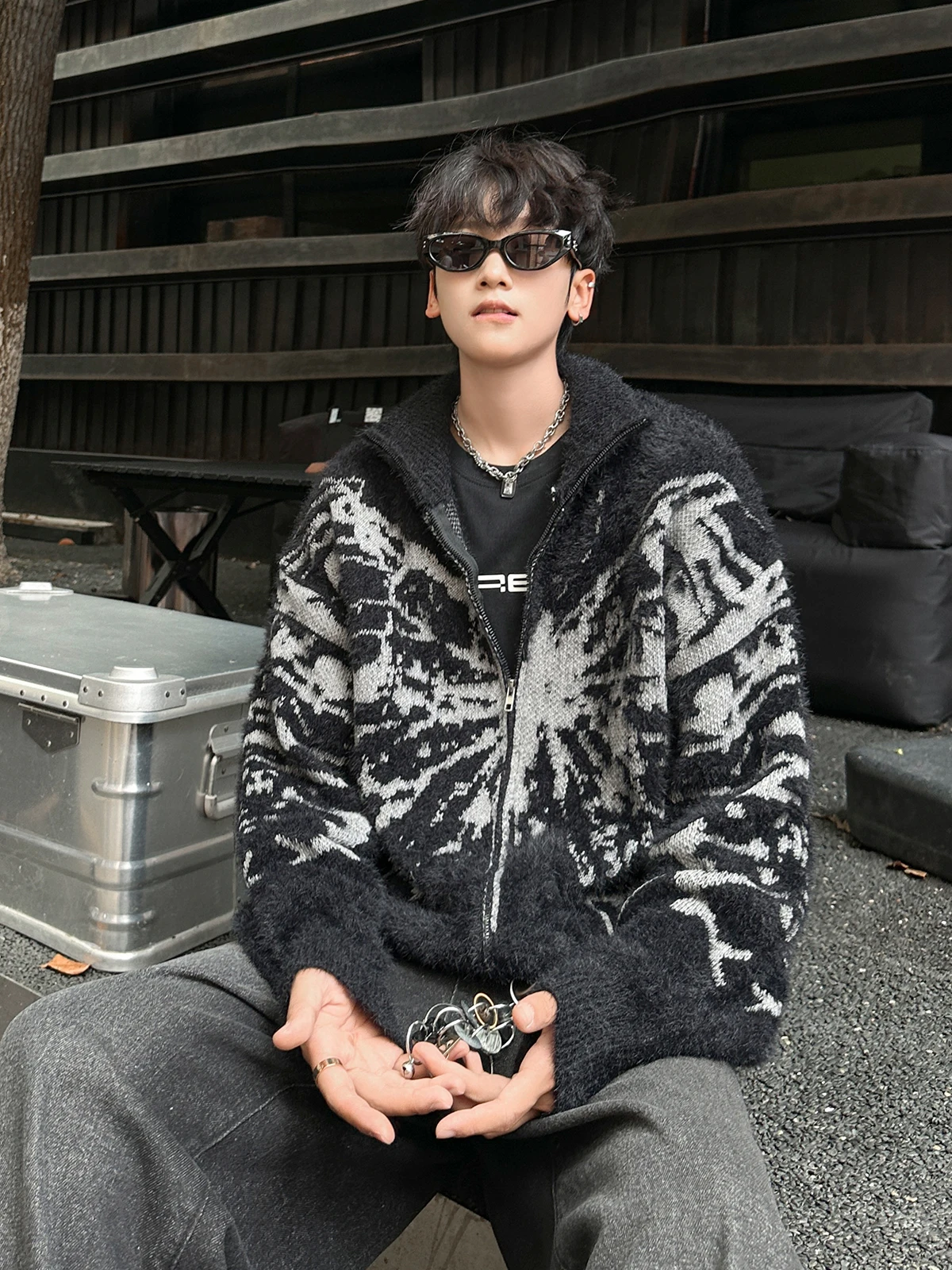 Retro American  Embroidery Zipper Open Cardigan Sweater Men's Autumn Winter Street Sle Lazy Loose Knitted Jaet