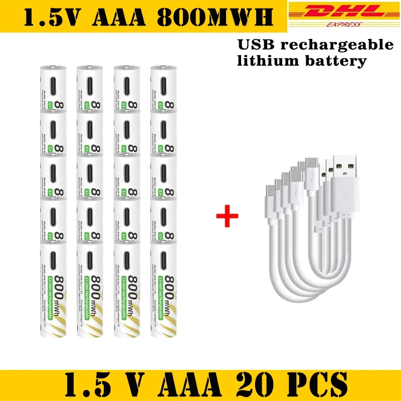 

1.5V AA 3400mWh + AAA 800mWh Rechargeable Lithium Battery Set with USB-C Fast Charging Type C Cable air transport
