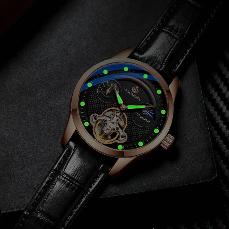 ساعة ميكانيكية أوتوماتيكية على الموضة للرجال ساعات من أفضل العلامات التجارية الفاخرة من الجلد مرحلة القمر ساعة يد توربيون أصلية Reloj Hombre