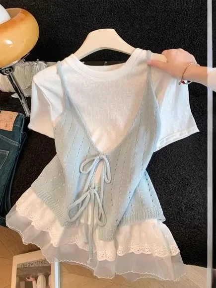 

Lace Splicing Knitted Strap Two-Piece Set Women Summer 2026 New Beautiful Youthful Slim Short Sleeve Top Fashionable Ensemble