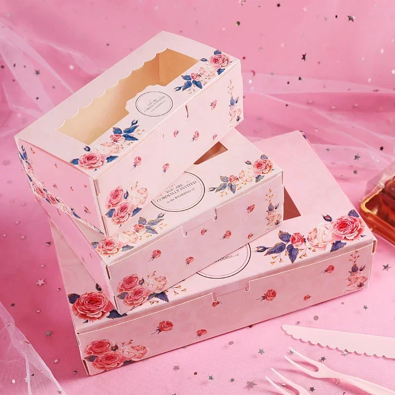 10 pçs caixa de presente de papel com janela rosa flor cupcake caixa de embalagem para bolo doces biscoitos festa de natal favores